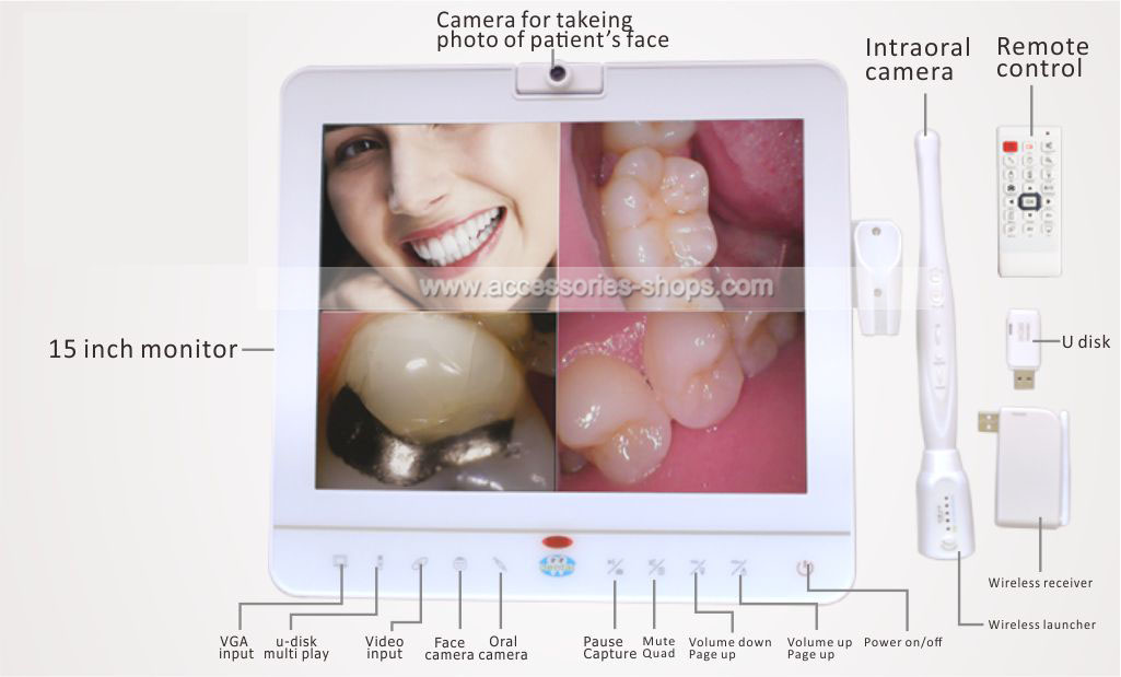 Wireless 15-inch Monitor and Intraoral Camera System 5.8GHz 2Megapixels Oral Camera